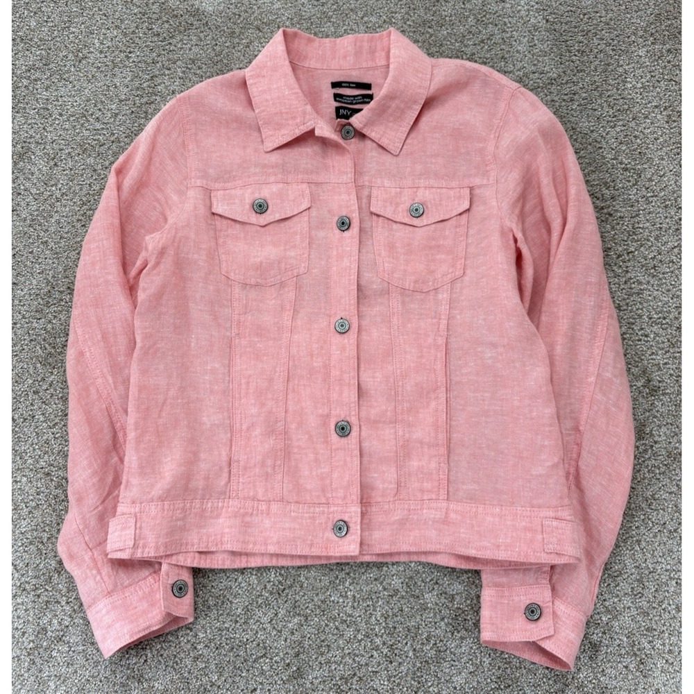 JNY Jones New York 100% European Flax Linen Trucker Jacket Womens M Pink Slamon